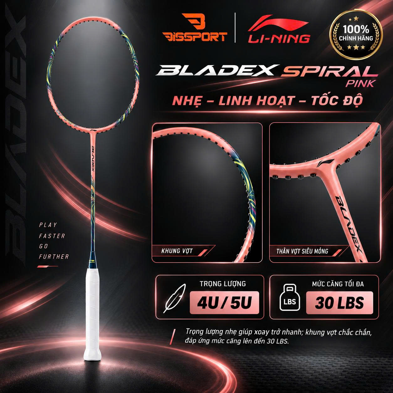 Vợt Cầu Lông Lining BLADEX SPIRAL Pink Chính Hãng - Nhẹ - Linh Hoạt - Tốc Độ - Chuyên Điều Cầu Phòng Thủ - Bền Bỉ